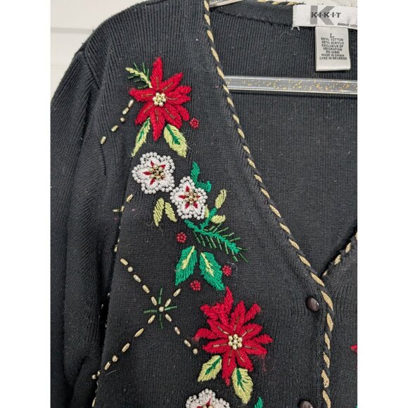 Vintage Poinsettia Beaded Cardigan Womens Size Large Black Embroidered V Neck - Picture 3 of 10